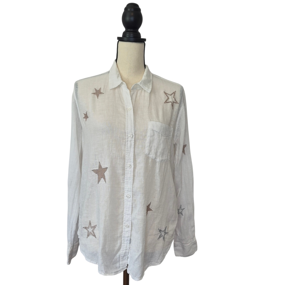 Rails Top Charli Button Front Gauze White Metallic Embroidered Stars Womens Sz S